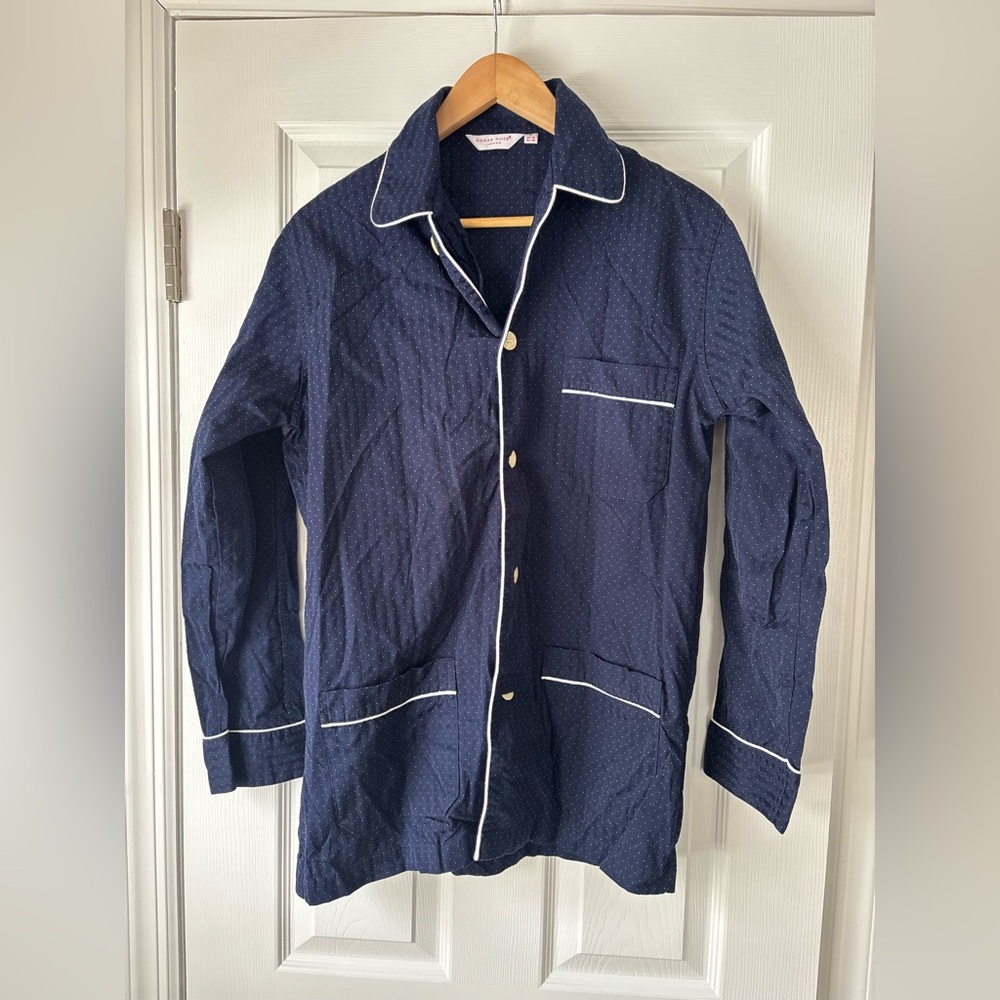 Derek Rose London Men's navy and white polka dot Pajama top size small